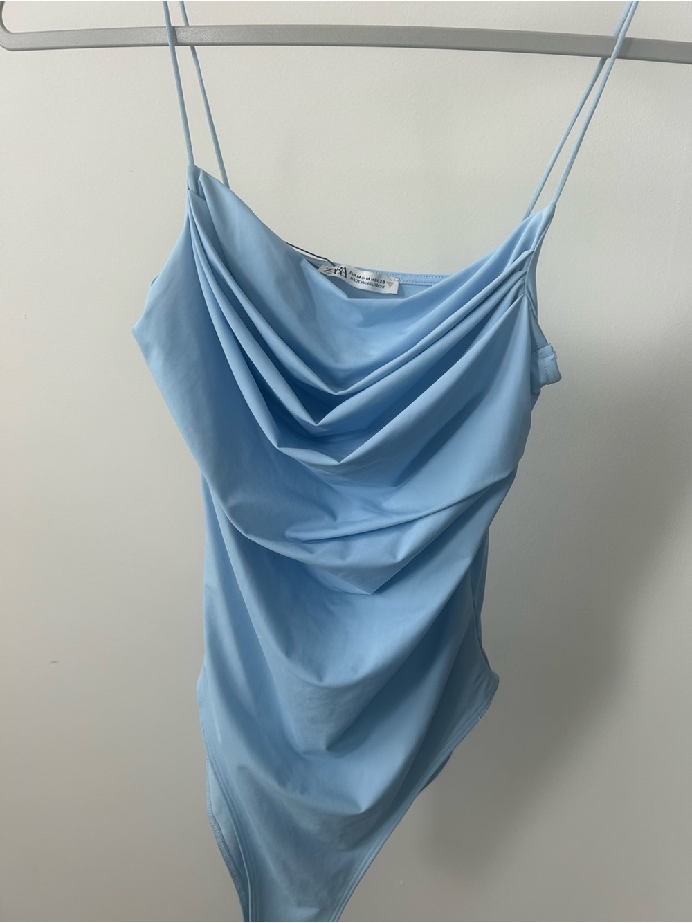 Zara Light Blue Draped Cowl Neck Bodysuit